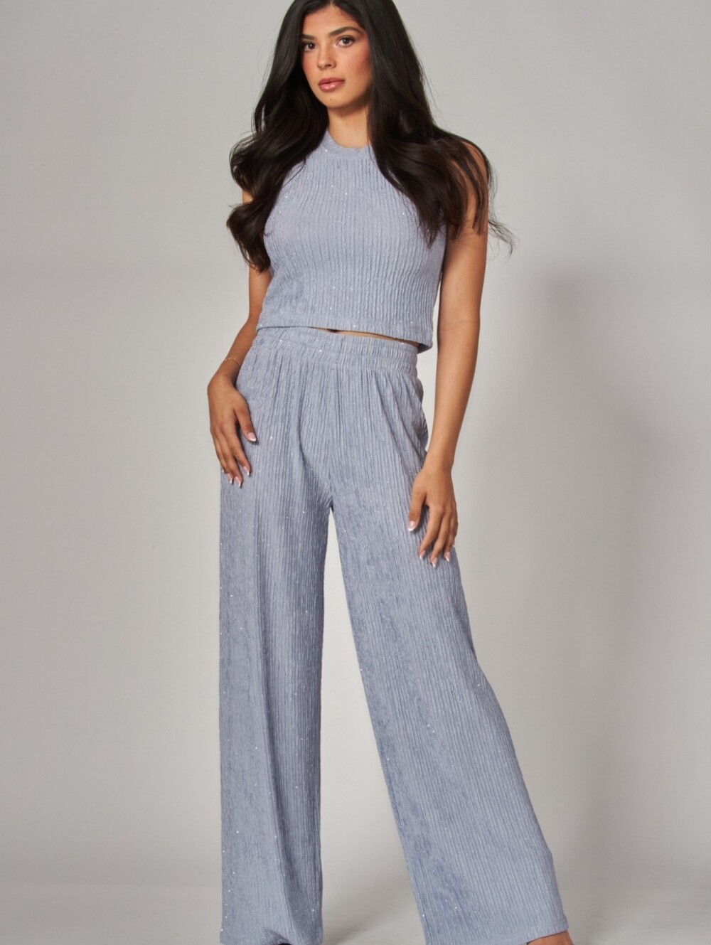 Blue Vista Sleeveless Crop Top Crinkle Pantsuit With Rhinestones